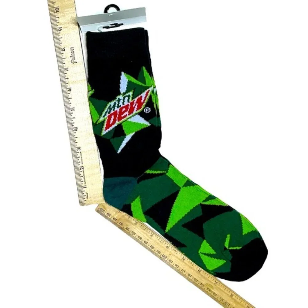Socks Mountain Dew Novelty Crew Length Reinforced Black Green Unisex Men 6-12